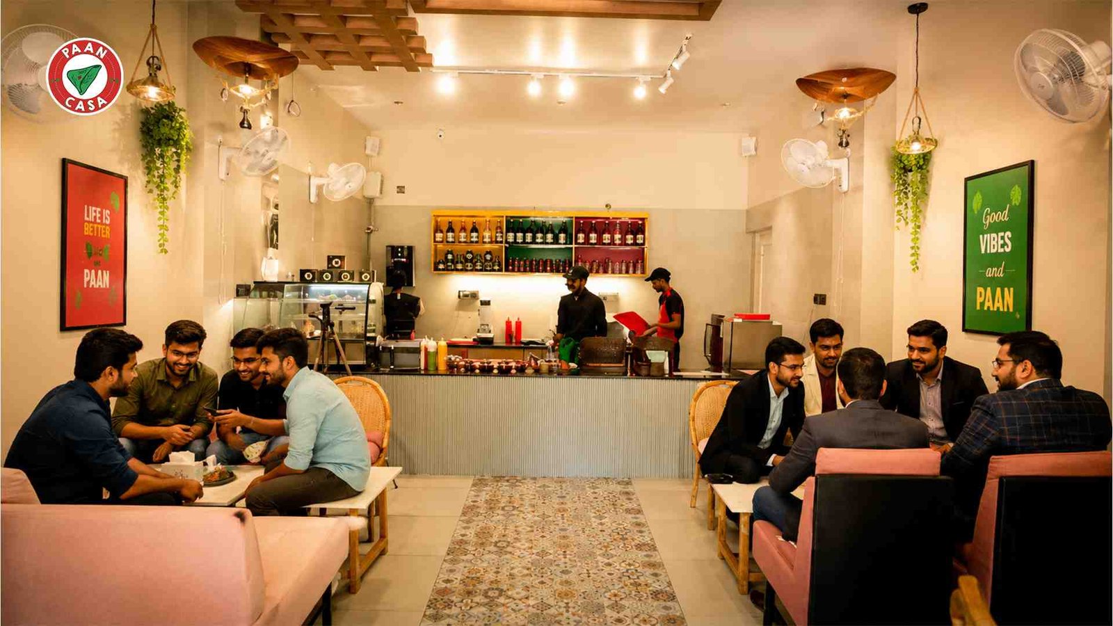Modern paan lounge with groups enjoying food and conversations.