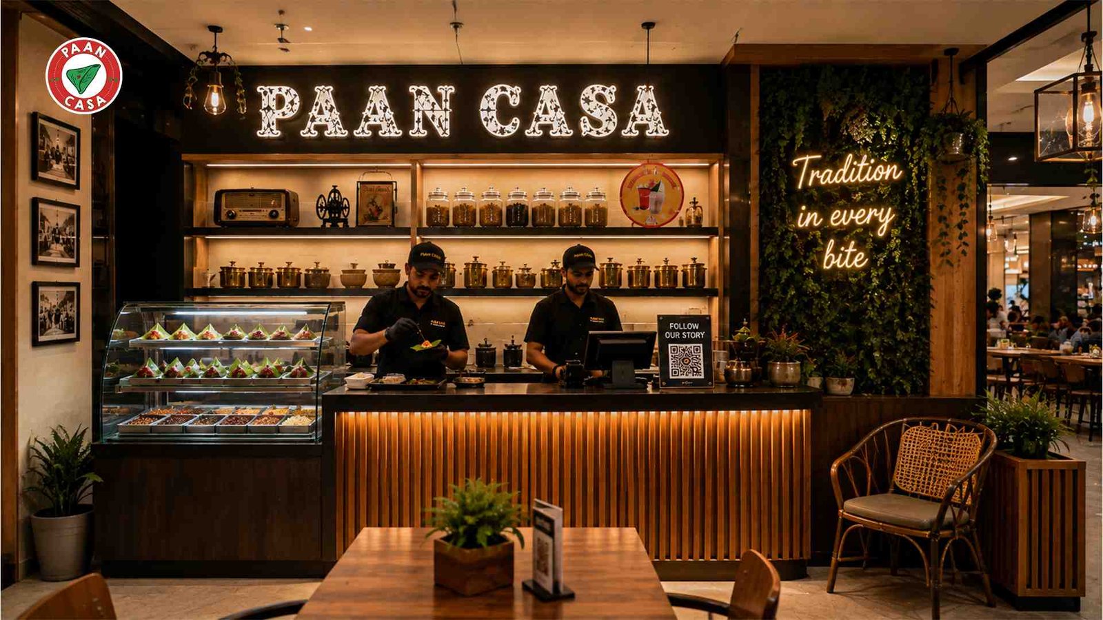 Paan cafe counter showcasing traditional ingredients and decor.
