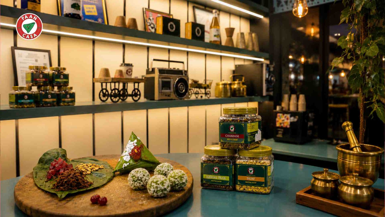 Traditional paan ingredients and modern cafe presentation.