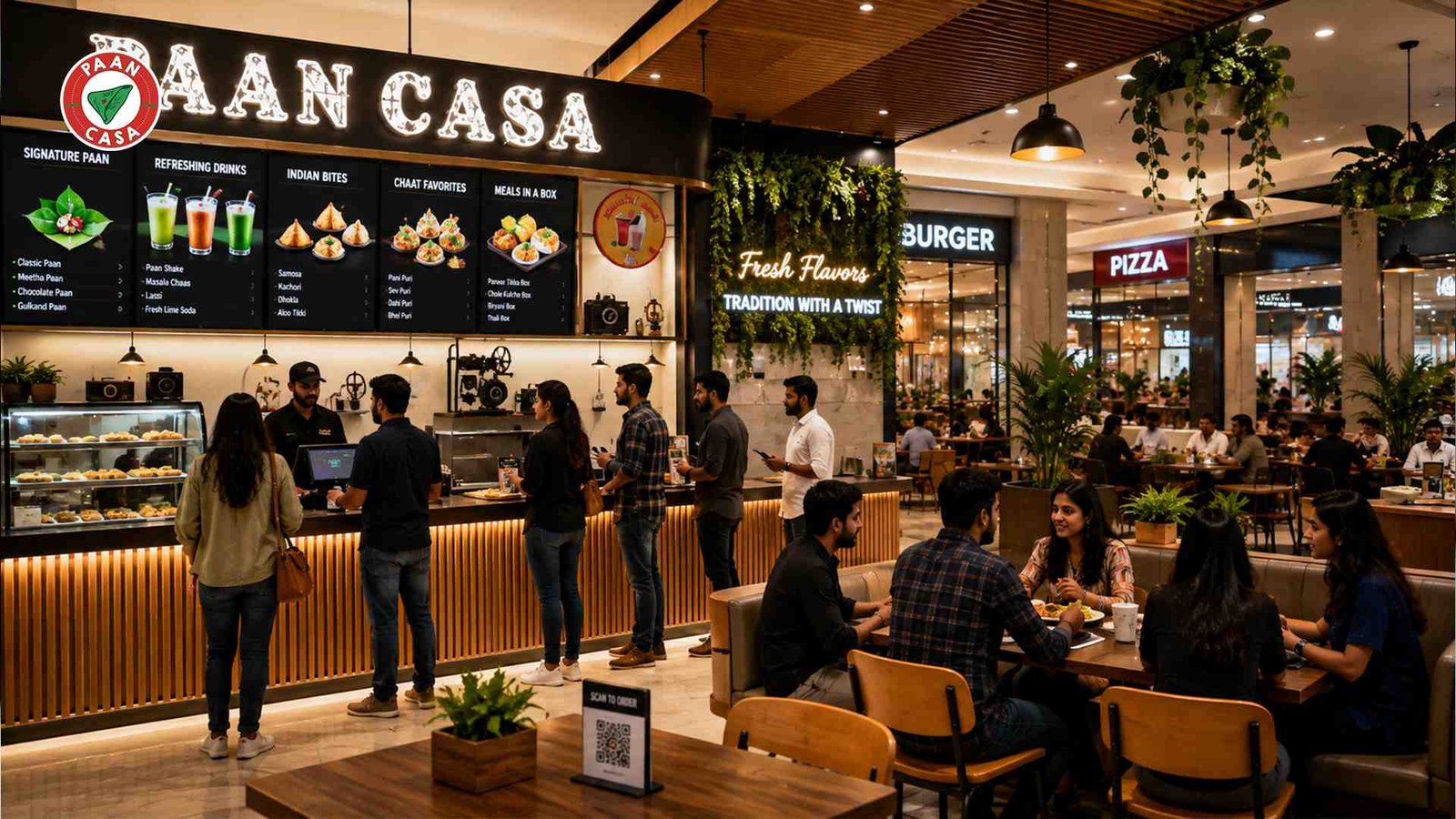 Busy paan cafe with customers dining and ordering.