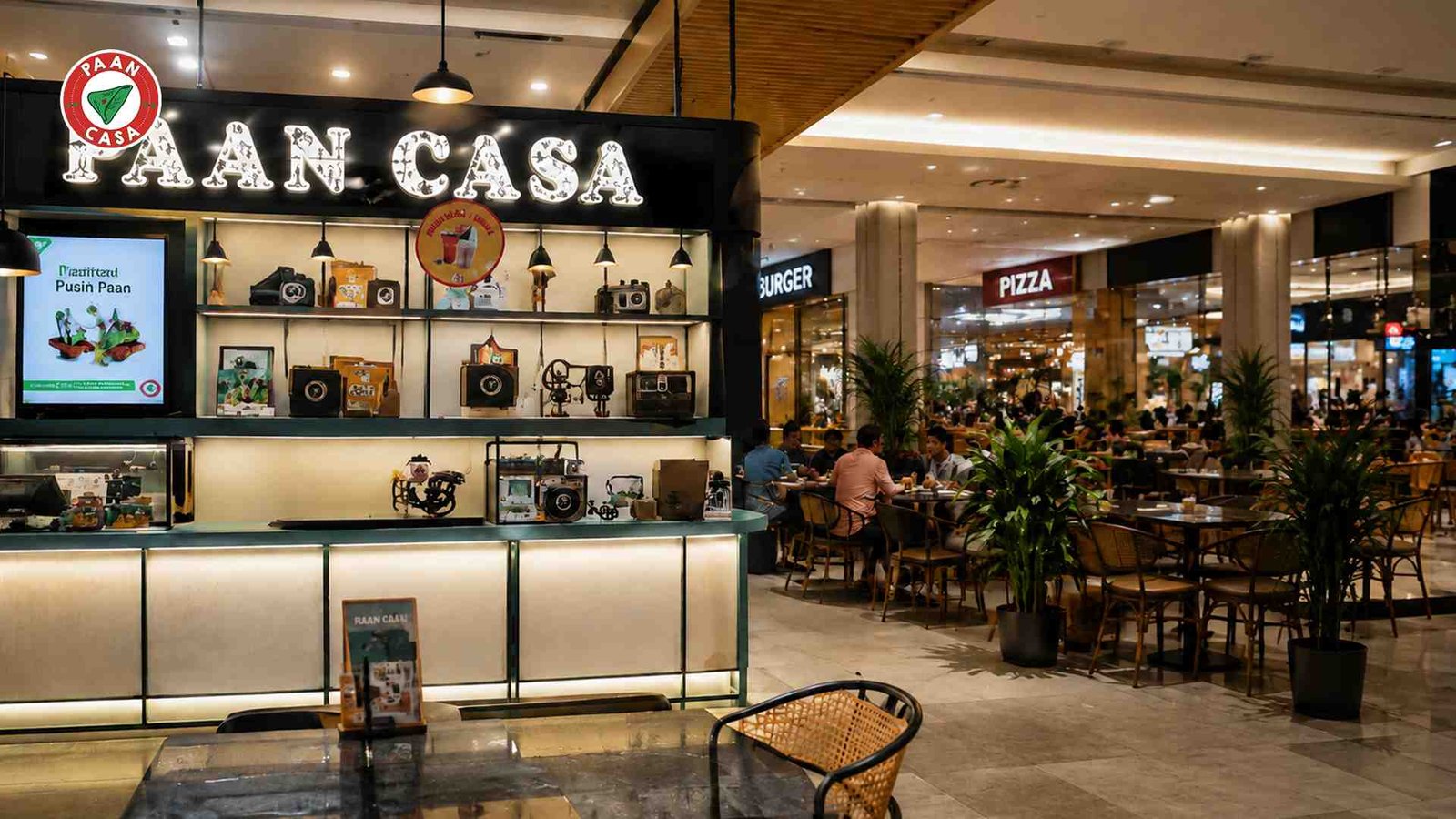 Paan cafe counter inside a busy shopping mall food court.