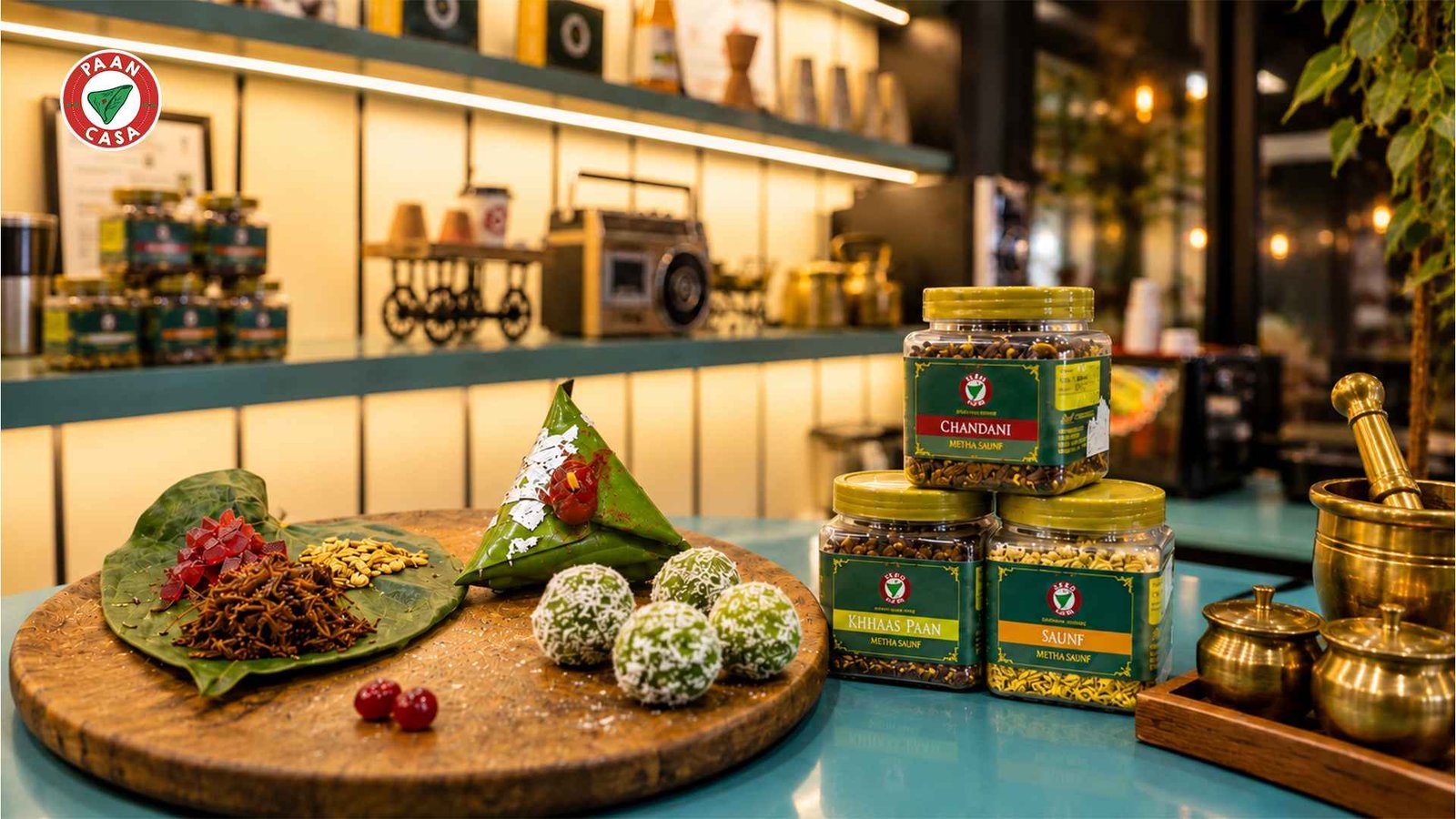 Paan Casa products and paan treats displayed on a wooden serving board with branded containers.