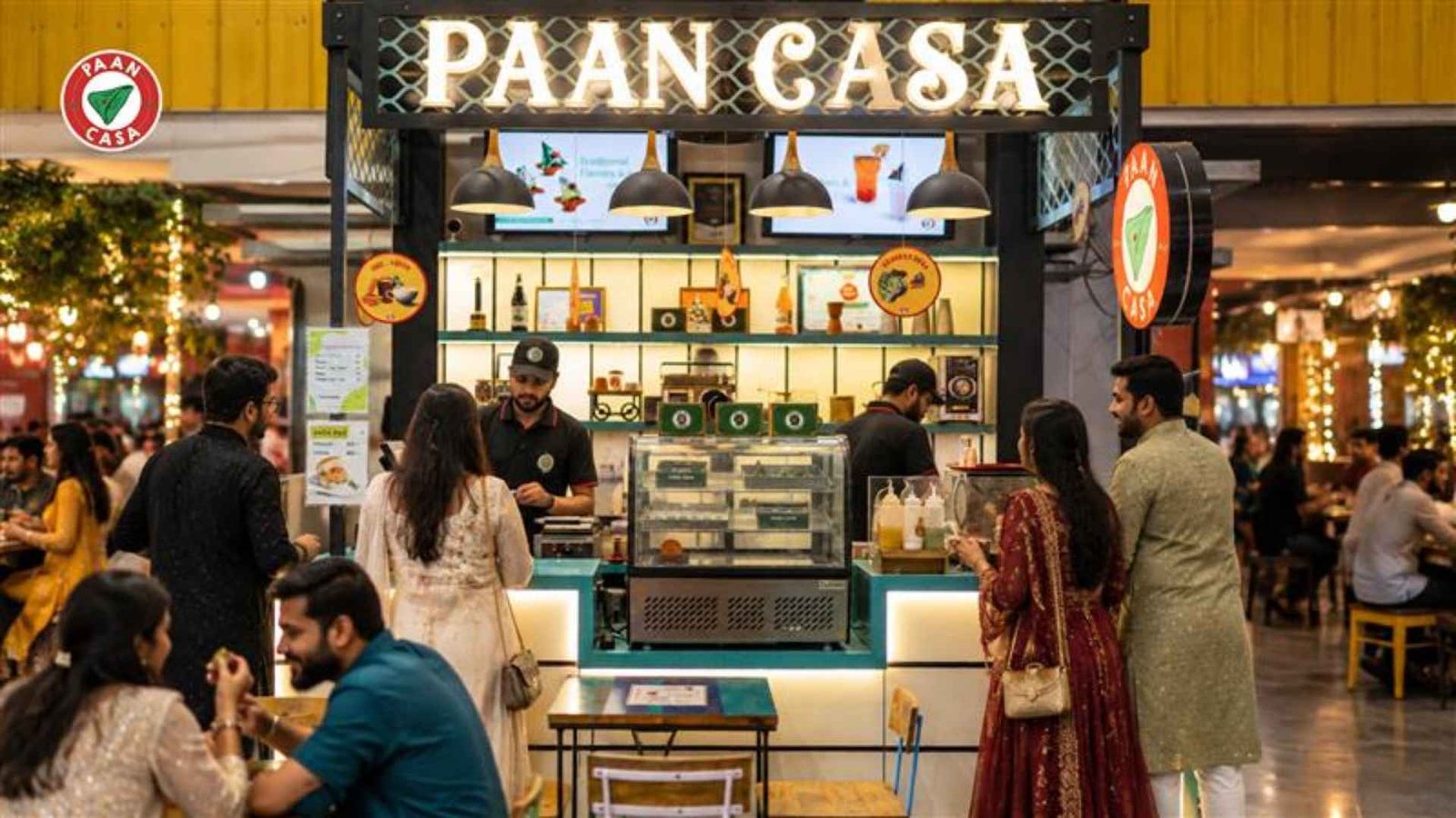 Paan Casa outlet with customers ordering paan and dining in a lively shopping mall.