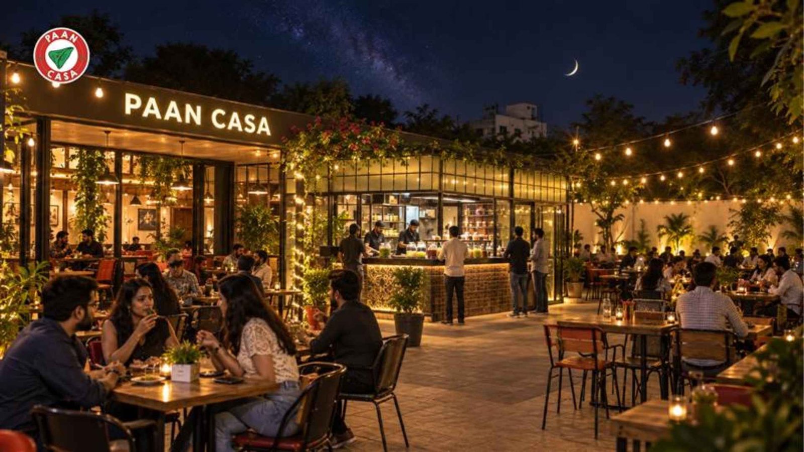 Paan Casa cafe at night with outdoor seating, diners, and warm decorative lights.