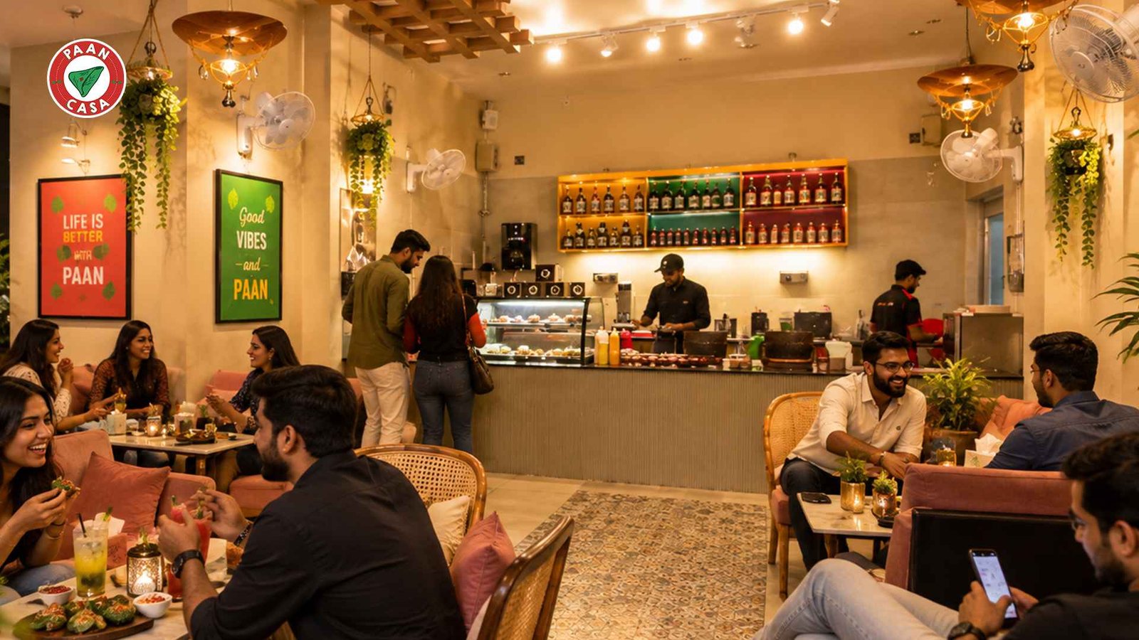 Paan cafe interior with warm lighting, customers dining, and a traditional-modern ambiance.