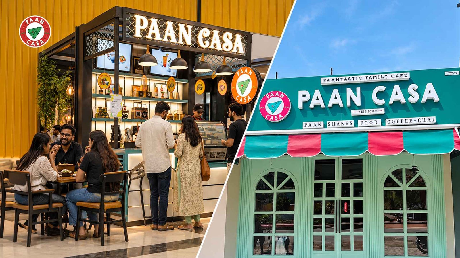 Paan Casa cafe storefronts showcasing different locations and dining spaces.
