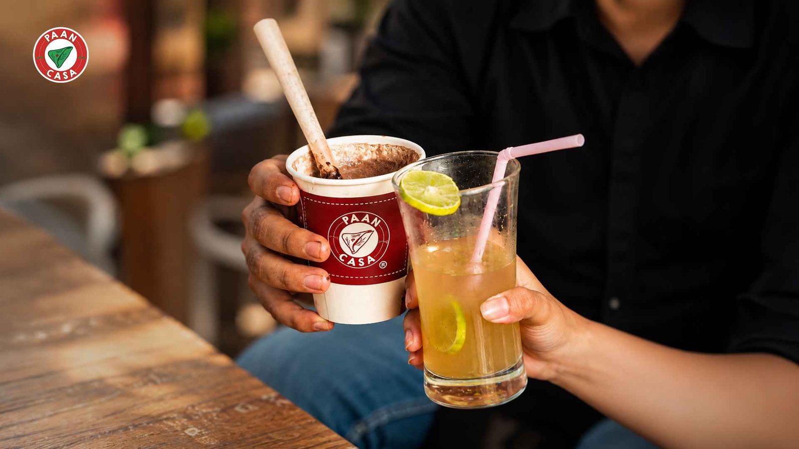 Paan Casa mocktails, coffee, and beverages served in branded cups and glasses.