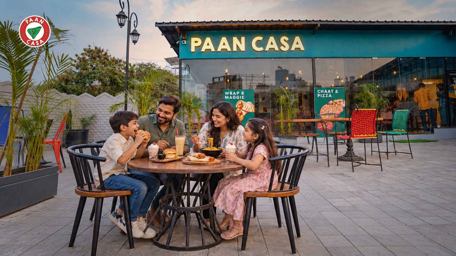 Indian family enjoying food and drinks together outside Paan Casa cafe.